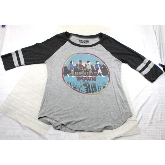 Stranger Things Raglan Sleeve Baseball Tee With "The Upside Down" Graphic Gray/B - Picture 1 of 6